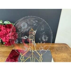 Vintage Etched Cornflower WJ Hughes Glass Serving Plate‎ Floral Scalloped Edge